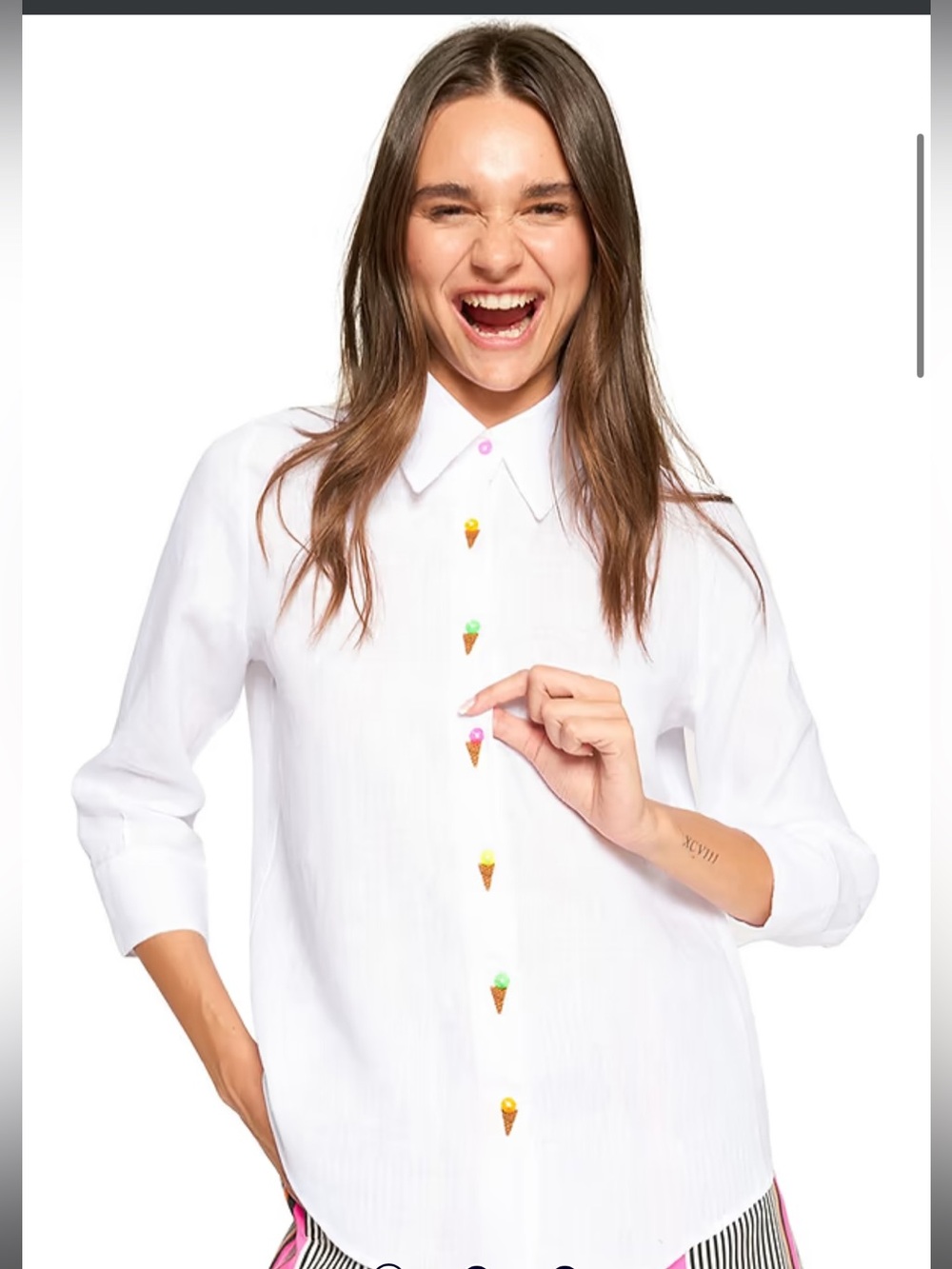 Vilagallo Linen Embroidered Ice Cream Button Shirt